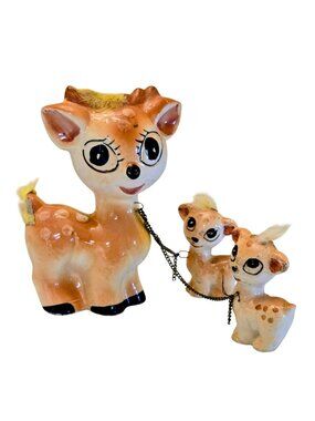 Vintage Kitsch Big Eyed Deer Family Figurines Flocked Ceramic Doe Fawns With Cha